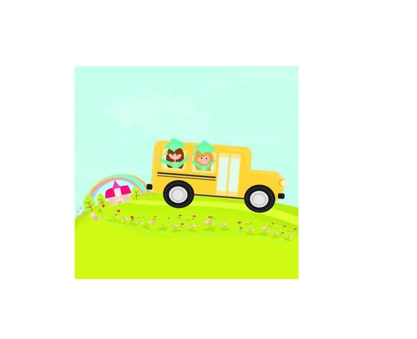 Illustration Kids Driving Away School Bus — Stock Vector