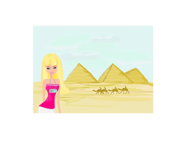 在吉萨为法老建造的金字塔的背景上的妇女 图形矢量背景 — 图库矢量图片