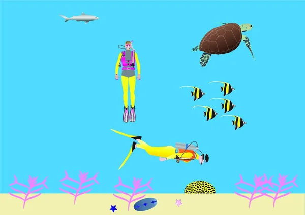Mujer Scuba Divers Coral Reef Fondo Vectorial Gráfico — Archivo Imágenes Vectoriales