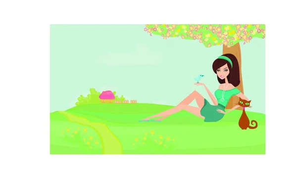 Belle Fille Son Chat Dans Jardin — Image vectorielle