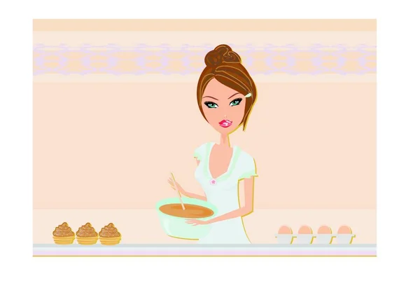 Beautiful Lady Cooking Cakes Modern Vector Illustration — Stock Vector