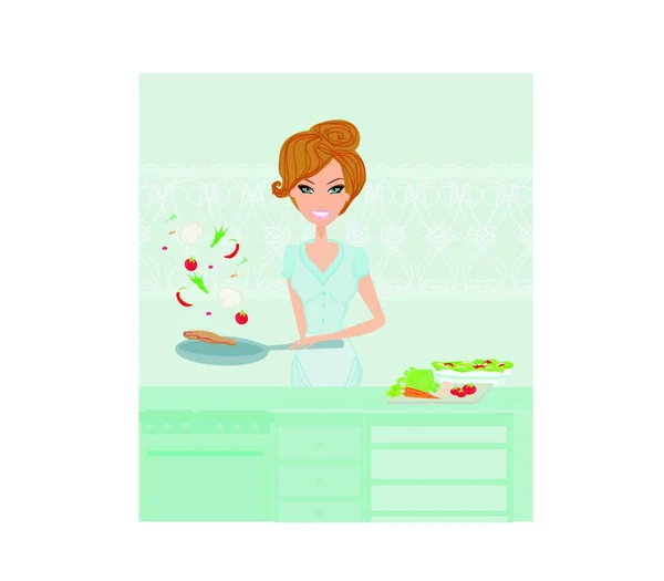 Beautiful Lady Cooking Home — Stock Vector
