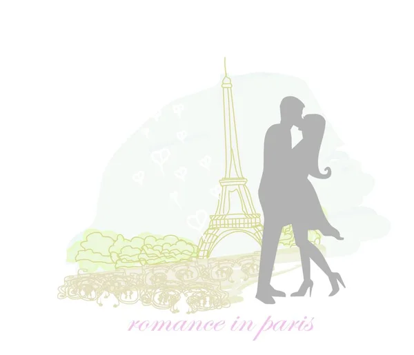 Romantyczna Para Paryżu Całuje Się Pobliżu Karty Eiffla Retro — Wektor stockowy