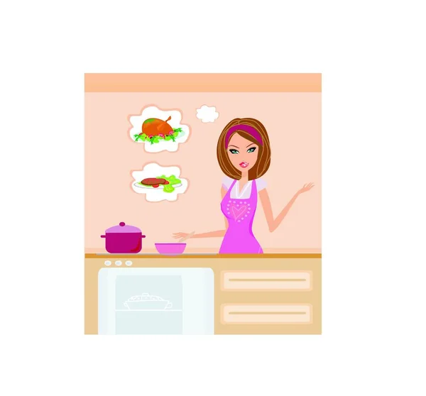 Beautiful Lady Cooking Lunch — Stock Vector