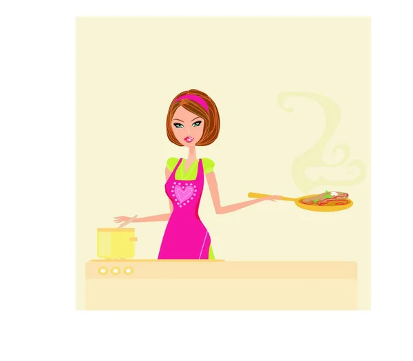 Beautiful Housewife Cooking Home — Stock Vector