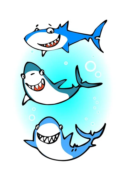 Tres Tiburones Felices Ilustración Vectorial Gráfica — Archivo Imágenes Vectoriales