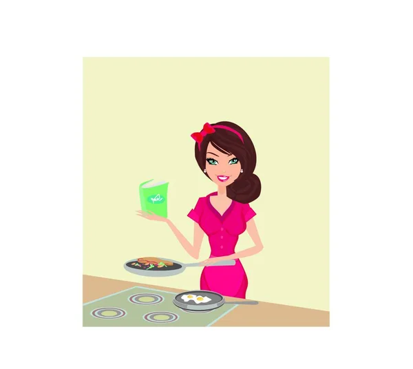 Beautiful Housewife Cooking Modern Vector Illustration — Stock Vector