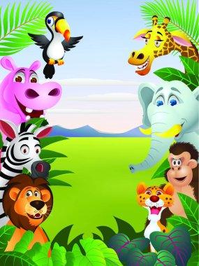 Sevimli çizgi film hayvanlarıyla renkli bir kart.