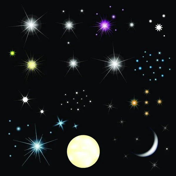 Set Stars Moon Vector Illustration — Stock Vector