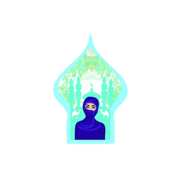 Portret Van Een Arabische Vrouw Hijab Met Woestijnsilhouet — Stockvector