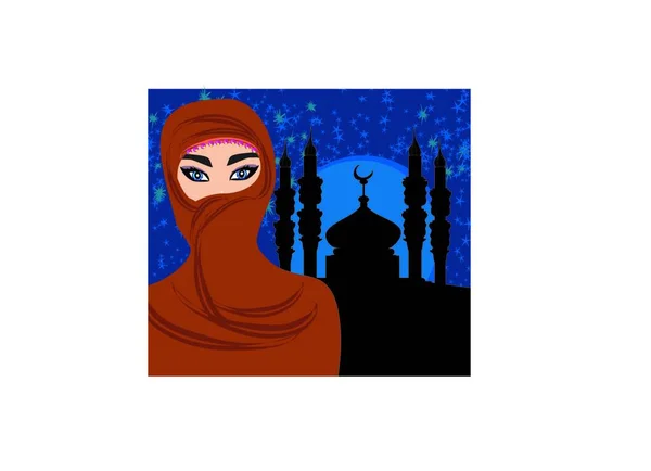 モスクを背景にした美しいイスラム教徒の女性 — ストックベクタ