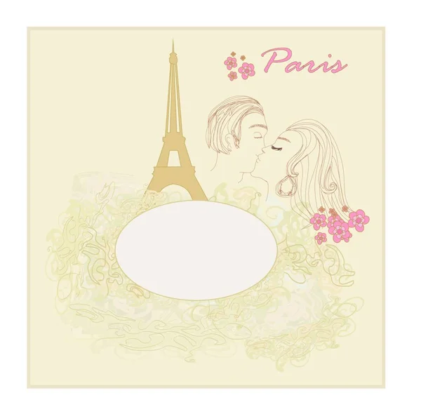 Romantyczna Para Paryżu Całuje Się Pobliżu Wieży Eiffla Ilustracja Wektora — Wektor stockowy