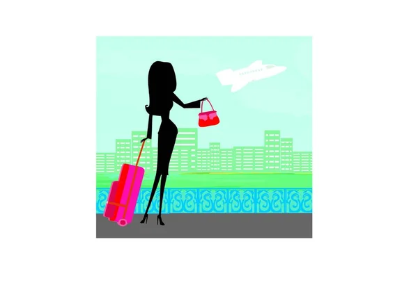Beauty Travel Girl Baggage Illustration — Stock Vector