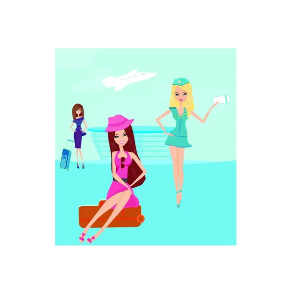 Beauty Travel Girls Airport Graphic Vector Illustration — Stock Vector