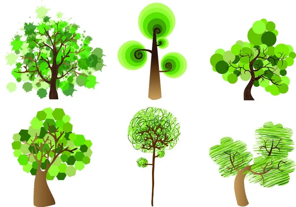 Vícebarevná Sada Stromů Barevná Vektorová Ilustrace — Stockový vektor