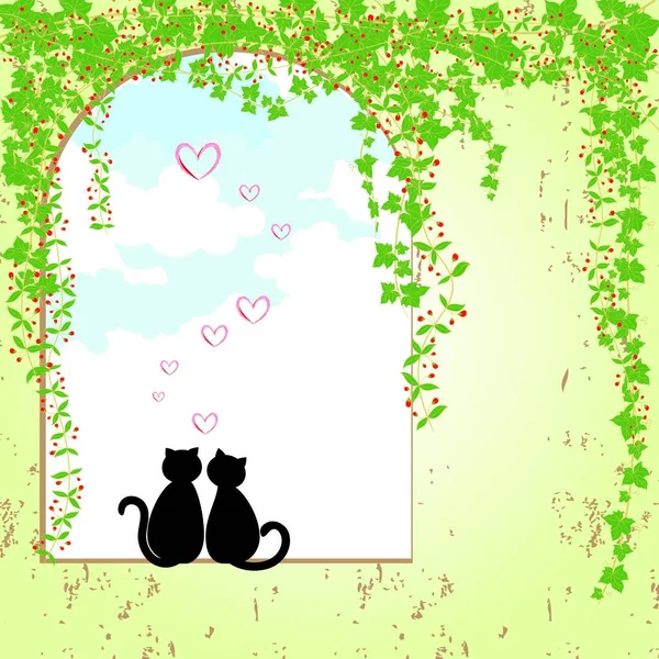 Springtime Cat Dating Красочная Векторная Иллюстрация — стоковый вектор