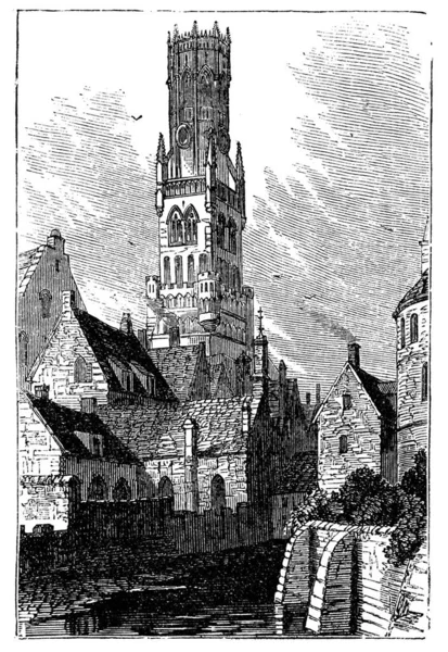 市中心钟楼的布鲁日或 Bellfort 布鲁日 比利时 Engravin — 图库矢量图片
