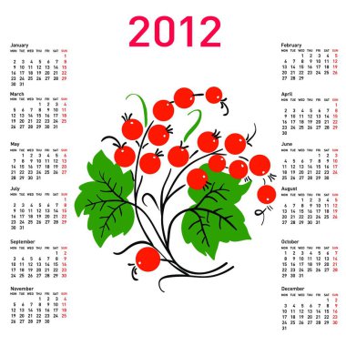 2012 şık takvimi çiçekli. hafta Pazartesi günü başlar..