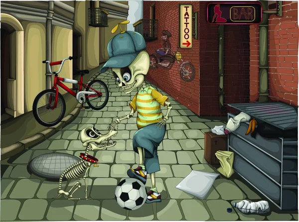 Illustration Street Skeletons — Stock Vector