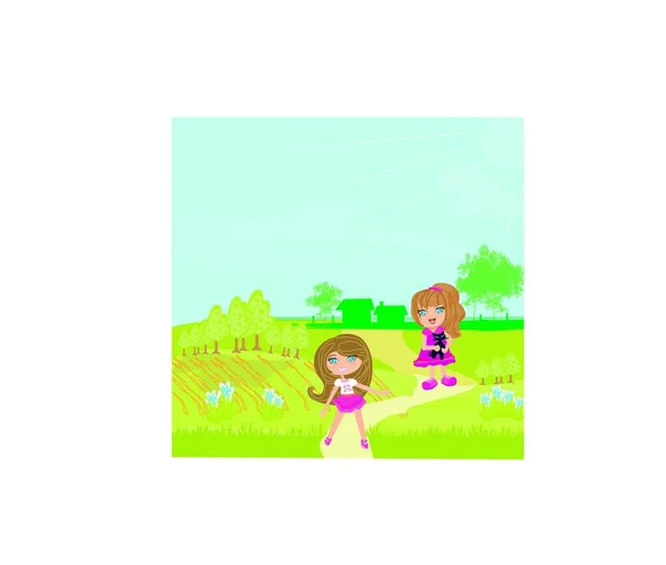 Filles Douces Avec Chatons Mignons Dans Jardin — Image vectorielle