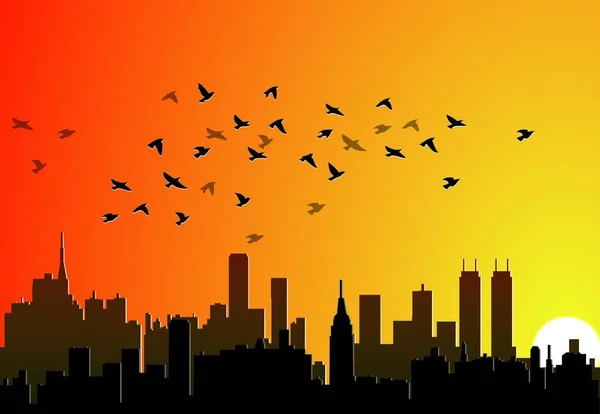 Sfondo Della Città Con Uccelli Volanti — Vettoriale Stock