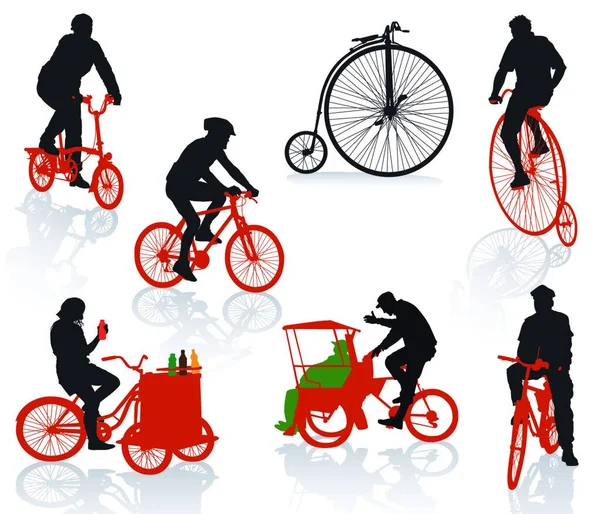 Silhouettes People Children Bicycles — Stock Vector