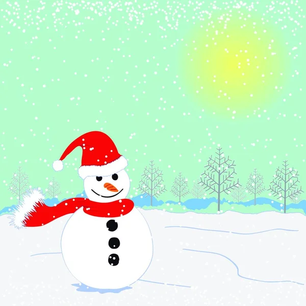 Weihnachtsgruß Schneemann Auf Weißem Schnee Land — Stockvektor