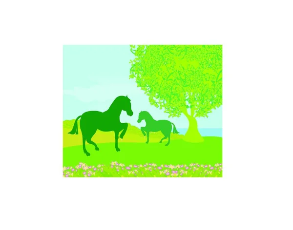 Bir Tarladaki Atların Çizimi — Stok Vektör