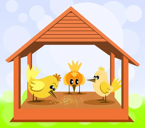 Casa Degli Uccelli Con Uccelli Sullo Sfondo Bokeh — Vettoriale Stock