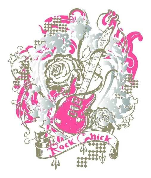 Rosa Emblema Chitarra Vettoriale Illustrazione — Vettoriale Stock