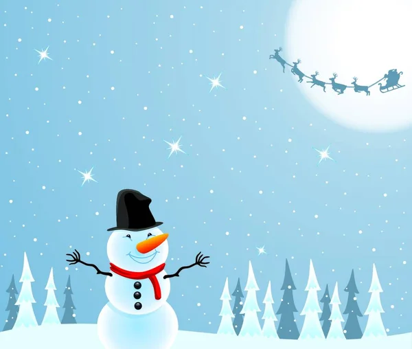 Snowman Flying Santa Claus Deers Graphic Vector Illustration — Stock Vector