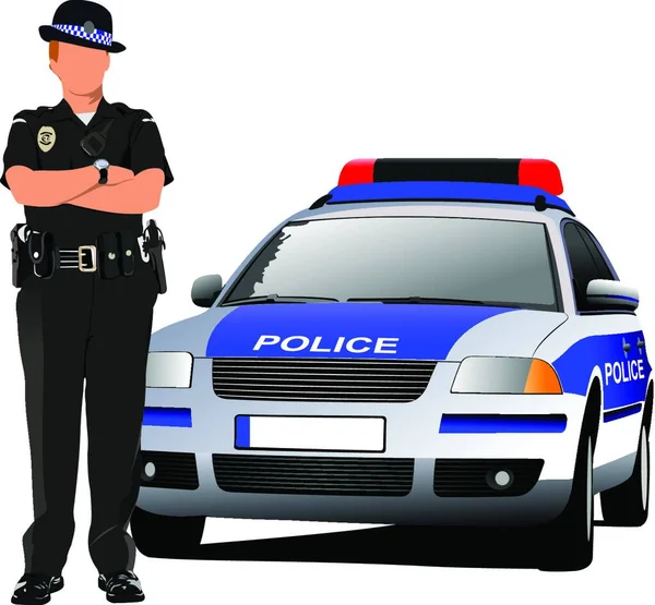 Policie Ženu Stojící Poblíž Policejní Auto Izolované Bílém Vektor — Stockový vektor