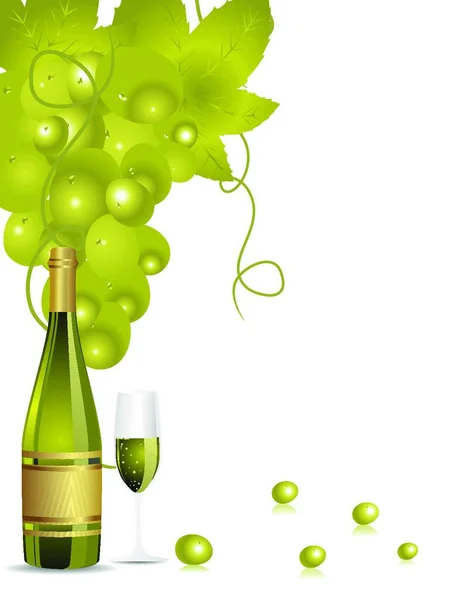 Illustration Champange Flaska Glas Druvor Vinstockar — Stock vektor