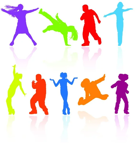 套彩色跳舞 跳跃和构成青少年矢量 Silh — 图库矢量图片