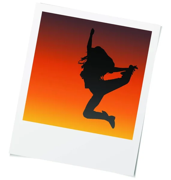 Stock vector Vector photo frame of girl dancing and jumping in sunset light.