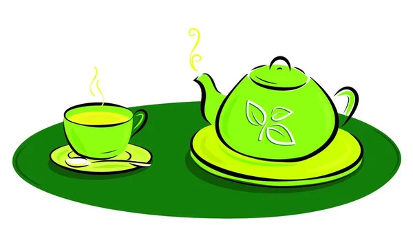 Чайник Символами Листя Ілюстрацією Чашки — стоковий вектор