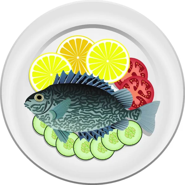 Vektor Gekochter Fisch Und Rohes Gemüse Auf Einem Teller — Stockvektor