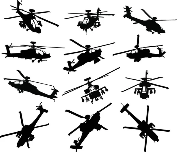Silhuetas Helicóptero Conjunto Vetor Ilustração —  Vetores de Stock