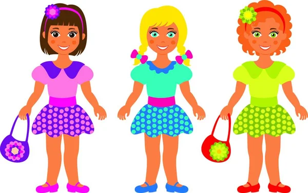 Drie Kleine Meisjes Stijlvolle Vector Illustratie — Stockvector