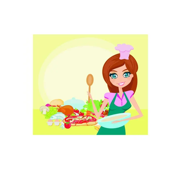 Beautiful Lady Cooking Vector Illustration — Stock Vector