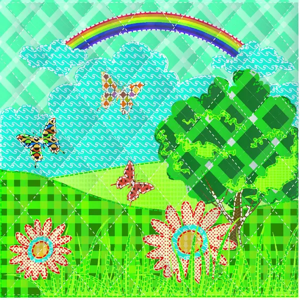 Mozaika Kwiatami Wzgórz Motyl Drzewo Grafika Wektor Ilustracja — Wektor stockowy