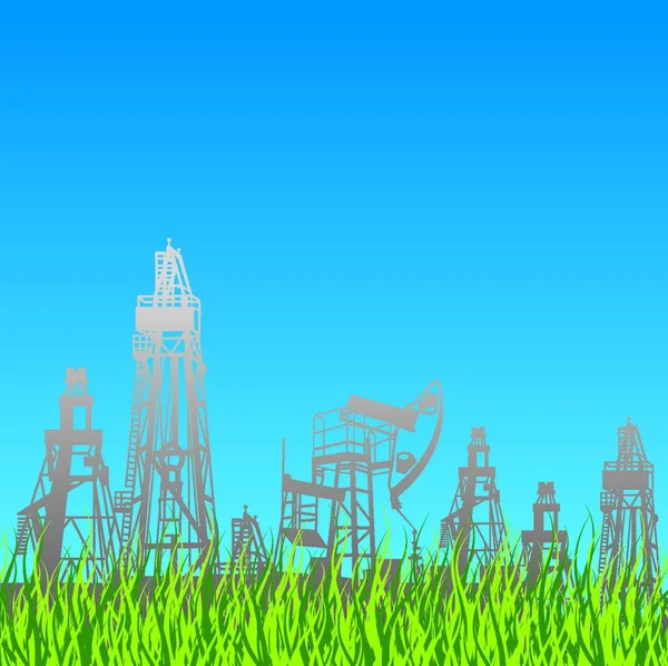 Ölplattform Und Pumpe Blauer Hintergrund Mit Gras — Stockvektor