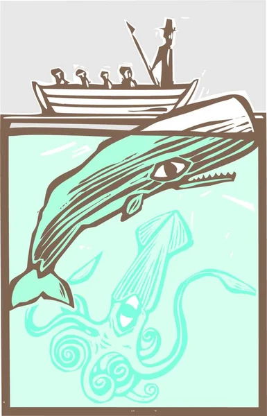 Caza Ballenas Con Calamar Ilustración Vectorial Gráfica — Vector de stock
