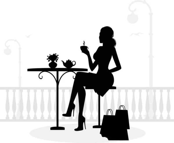 Silhouette Beautiful Woman Cafe Vector Illustration Simple Design — Stock Vector