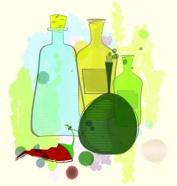 Aquarellflaschen Und Roter Pfeffer Vektorillustration Einfaches Design — Stockvektor