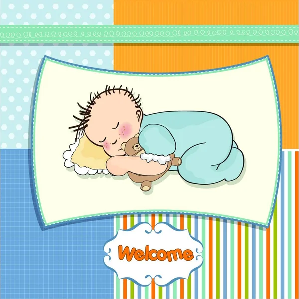 Baby Shower Card Little Baby Boy Sleep His Teddy Bear — Stock Vector