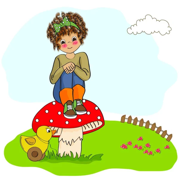Hübsches Junges Mädchen Sitzt Auf Einem Pilz — Stockvektor