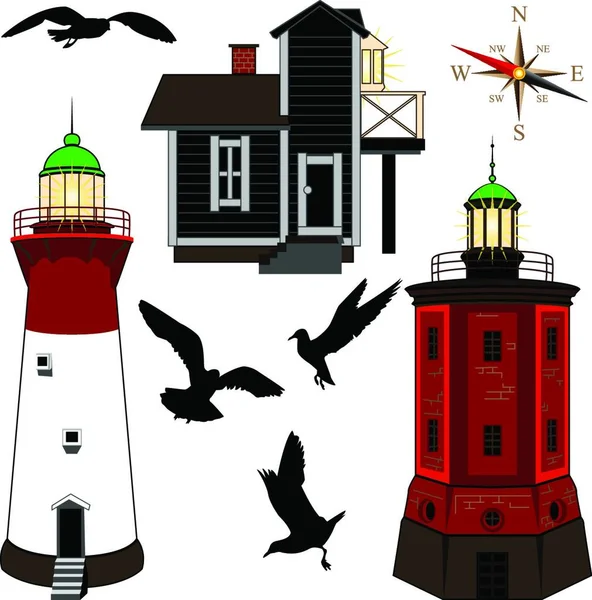 Set Lighthouses Vector Illustration Simple Design — Stock Vector