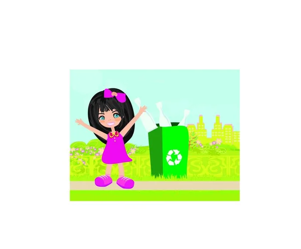Menina Reciclagem Garrafas Vetor Ilustração — Vetor de Stock