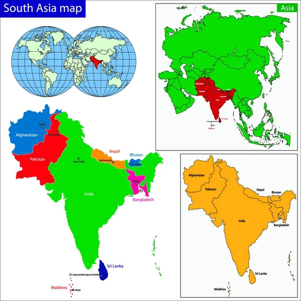 Νότια Ασία Χάρτη Γραφική Διανυσματική Απεικόνιση — Διανυσματικό Αρχείο